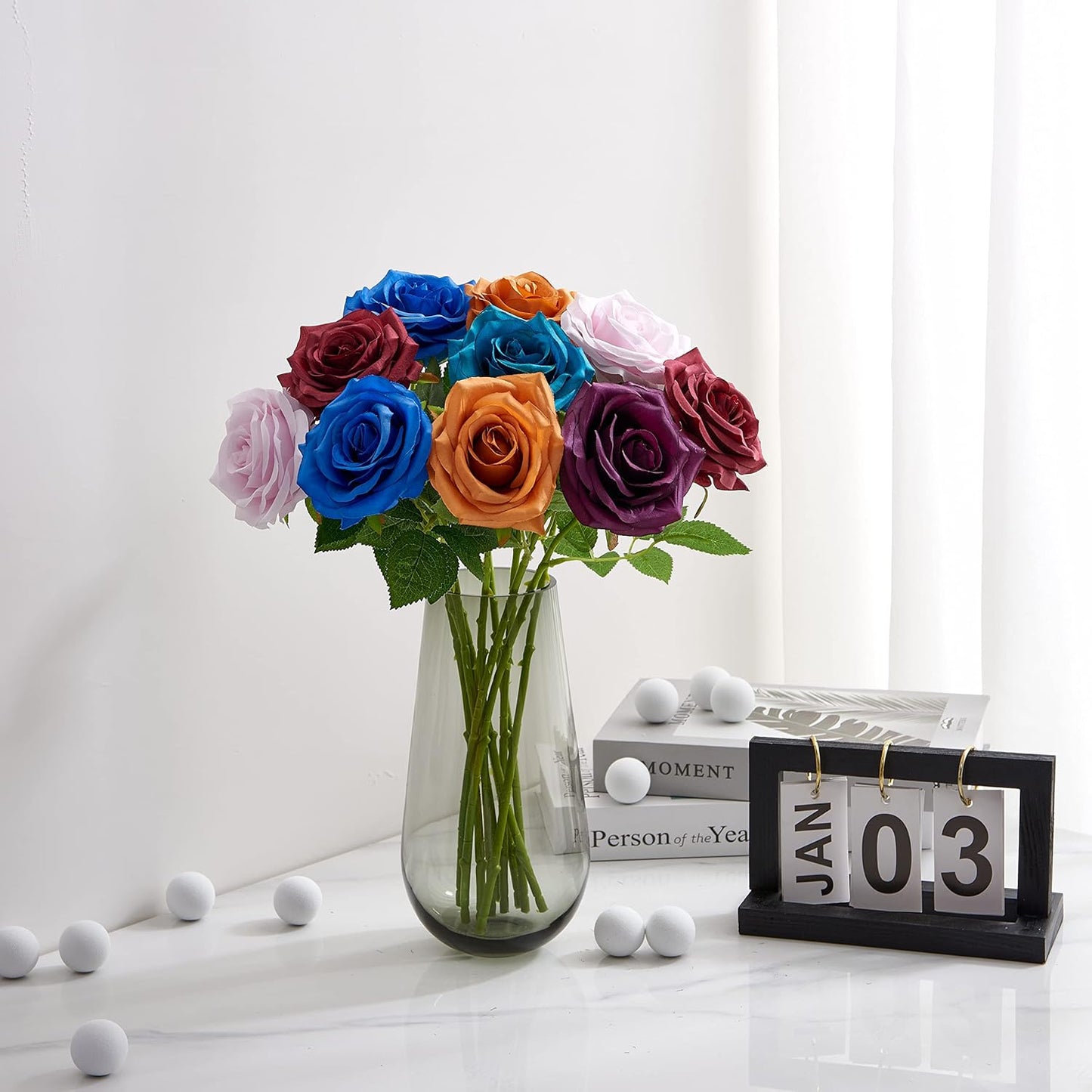 Teal Artificial Rose 10pcs Open Flower Bouquet Faux Rose Stems Turquoise Blue Roses for Wedding Arrangement, Bridal Bouquet, Centerpiece, Fake Faux Silk Flowers