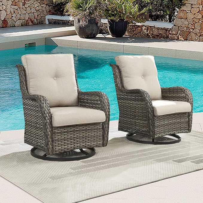 Outdoor Patio Swivel Rocker Chairs - Single Wicker Rattan Patio Swivel Rocking Chair with High Back,Deep Seating and Comfort Cushions for Deck Porch Garden,Mixed Grey/Beige
