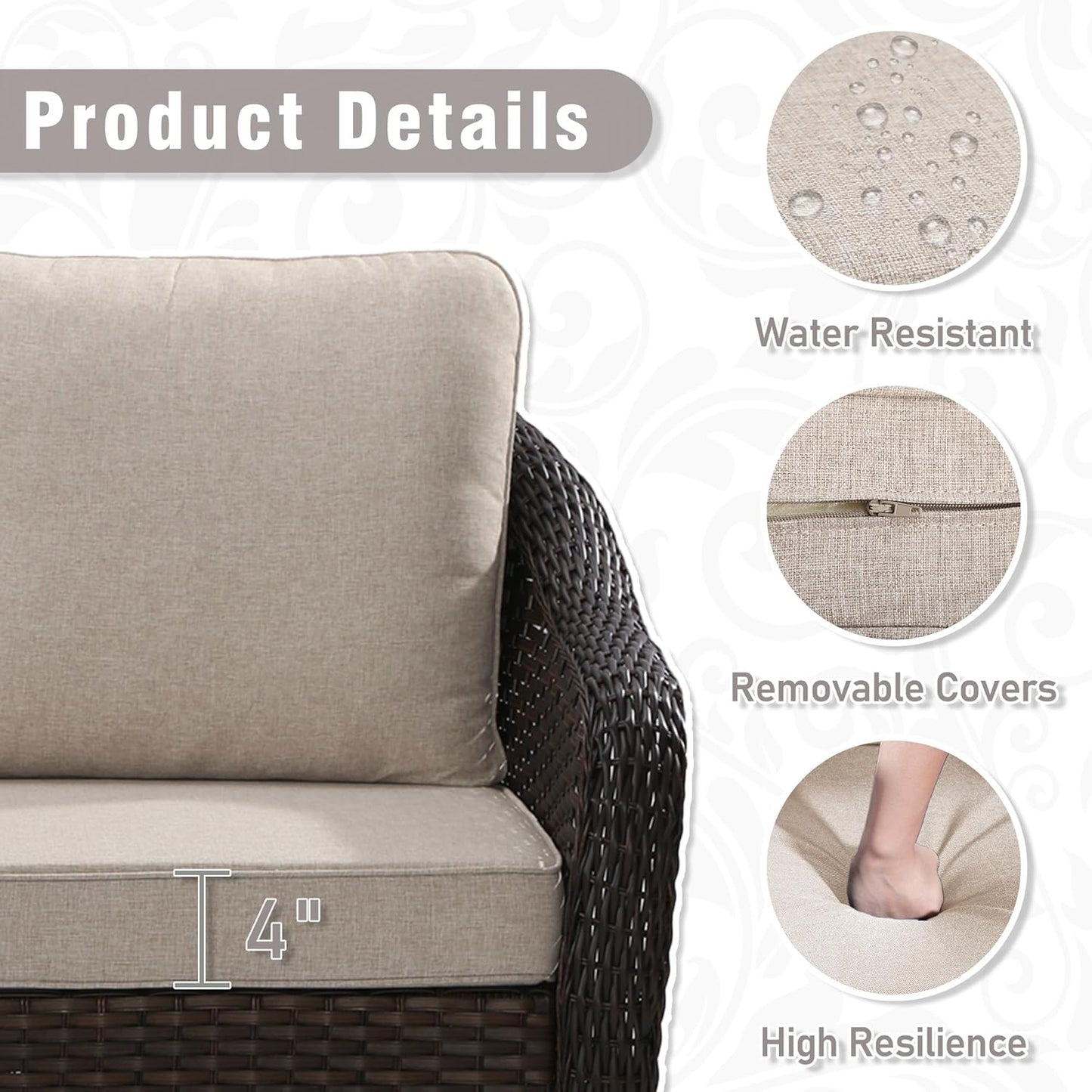 3 Piece Patio Wicker Conversation Set, All-Weather Use Outdoor Wicker Sofa with 2 PE Rattan 360 Swivel Chair, Ideal for Porch, Backyard, Balcony, Poolside, Beige