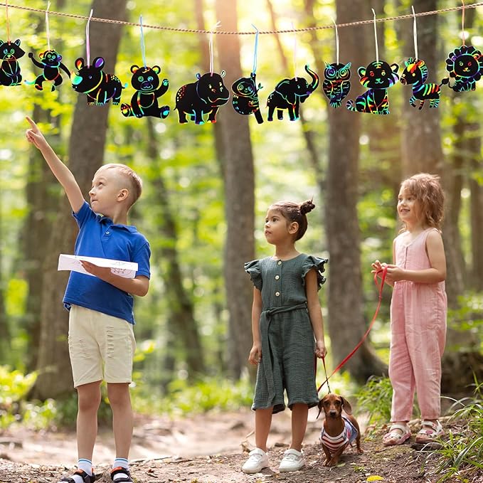 64 Pcs Wild Animal Scratch Cards DIY Rainbow Color Scratch Art Card Jungle Safari Animal Painting Scratch Off Paper for Kids Art Craft Kit with 64 Wood Stylus Ribbon for Home School Decor Party Favors