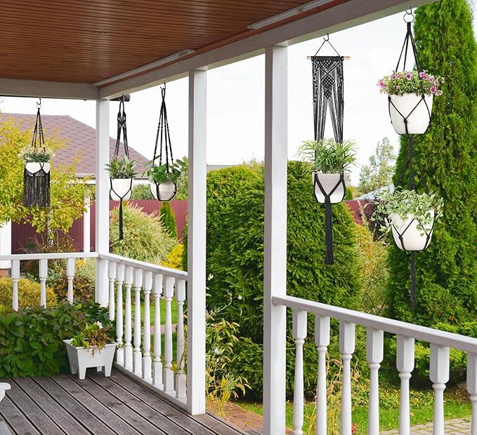 Mkono Macrame Plant Hangers, 6 Pack Indoor Hanging Planters for Plants with 6 Hooks Decorative Hanging Basket Flower Pots Holder Stand in Different Sizes for Modern Home Decor, Black
