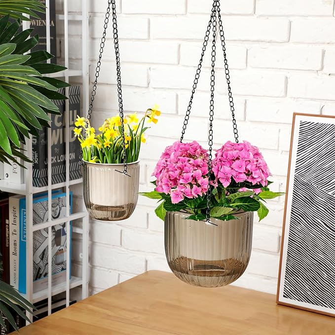 Maxcheck 4 Pcs Self Watering Hanging Planters Indoor 6.5'' 4.5'' Hanging Flower Pots Baskets Outdoor Self Watering Hanging Plant with 3hooks Drainage Holes for Home(Gray)