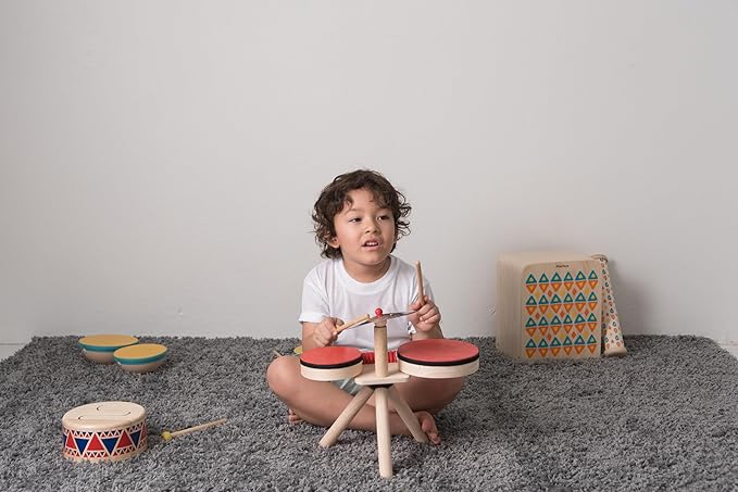 PlanToys Musical Band Toddler Drum Set Sustainably-Made with 2 Different-Sized Drums, Pair of Rubber-Coated Drumsticks, Cymbal, and Guiro to Explore Creativity