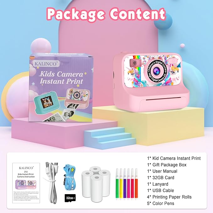 Kids Camera, Upgrade Kids Camera Instant Print, Front Rear Dual Selfie Digital CAM with 1080P Videos, Portable Travel Toy with Games and Music, Christmas Birthday Gift for Boys, Girls and Teens