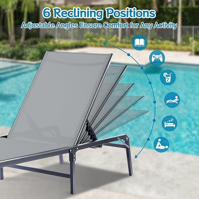 Outdoor Chaise Lounge Chair Set of 2, Foldable & Assemble-Free, 6 Adjustable Positions, Durable Rust-Resistant Frame, Portable Outdoor Pool Lounge Chairs for Pool Patio Beach, Grey