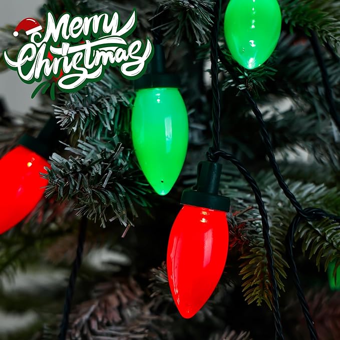 C9 Bulbs Classic Christmas Lights - 50 LED 32ft Strawberry String Light Red&Green - Extendable 8 Modes Funtion with Timer Fairy Lighting for Outdoor, Indoor, Party, Home, Tree Decorations