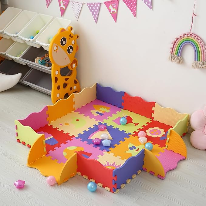 Foam Play Mat for Kids,25Pcs Square Interlocking Puzzle Floor Mat,Baby Play Mat Floor Mat Foam Puzzle Playmat for Toddlers with Fence