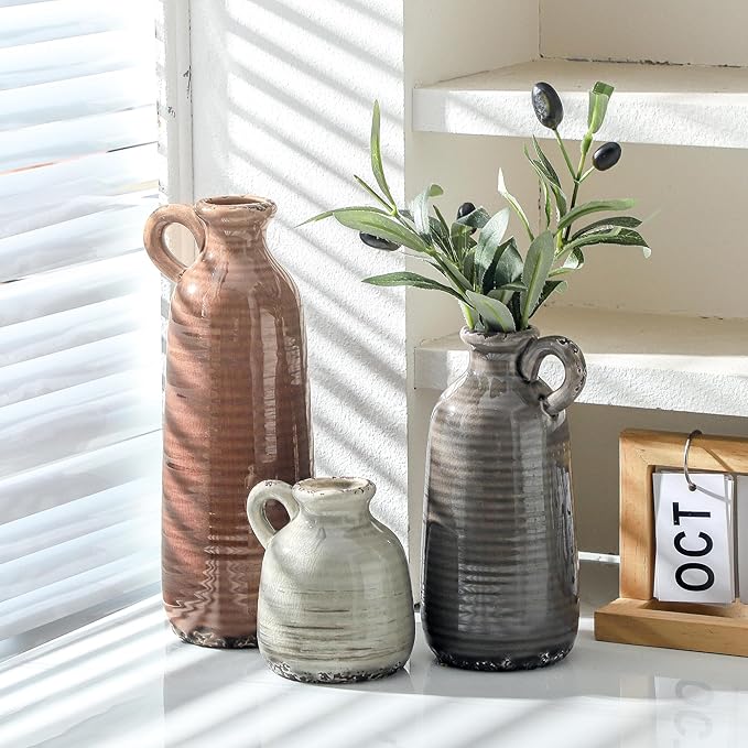 Ceramic Vases Set of 3, Neutral Rustic Farmhouse Vase with Handle, Decorative Flower Vases Home Decor Modern Boho Pampass Vase for Table Mantel Entryway Shelf Living Room Kitchen Bathroom - Brown