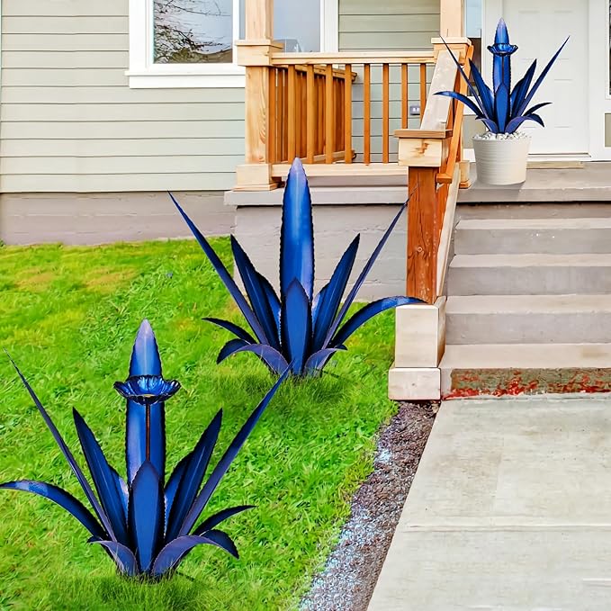 Upgraded Large Metal Yard Art, Metal Agave Plant Yard Decorations Outdoor Sculpture, Metal Flowers for Outside, Waterproof Outdoor Garden Decor (Blue+ Bird Feeder)