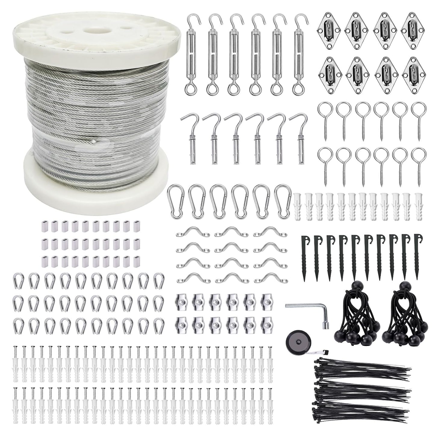 1/8" Wire Cable Rope Kit ,Vinyl Coated 304 Stainless Steel Wire – 300FT 7x7 Strand Cable with Turnbuckles,Shade Sail & Hanging Lights Hardware Kit for Outdoor, Garden,Patio, Crafts, Hanging Lights