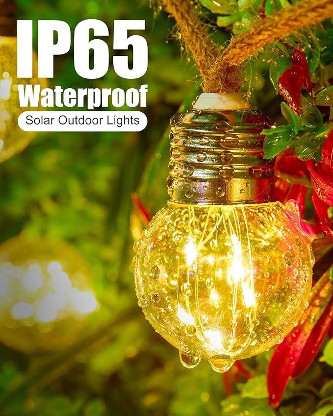 Brightown Solar String Lights Outdoor, 30Ft Vintage Hemp Rope Solar Patio Lights with 15 Shatterproof Bulbs, 8 Light Modes Waterproof Hanging Lights for Backyard Fence Café Bistro Decor, Warm White