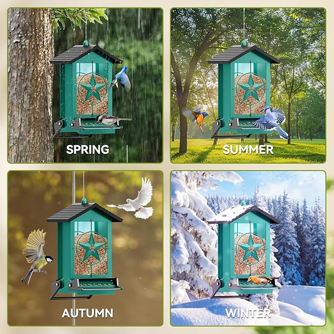 Squirrel Proof Bird Feeder for Outdoors Hanging, Metal Wild Bird Seed Feeder with Bilateral Weight-Activated Perches, 5LB Large Capacity Wild Bird Feeders for Outside Finch, Cardinal, Blue Jay