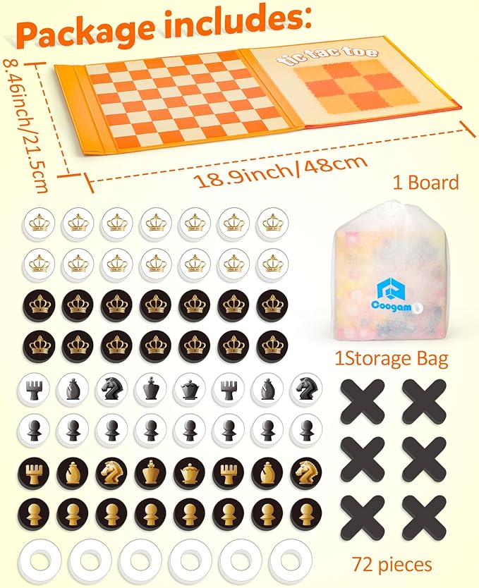 Coogam Magnetic Travel Chess Board Game, 3 in 1 Tic-Tac-Toe Checkers Set, Indoor Outdoor Activity Travel Toy Gift for Family Friends Party Favor