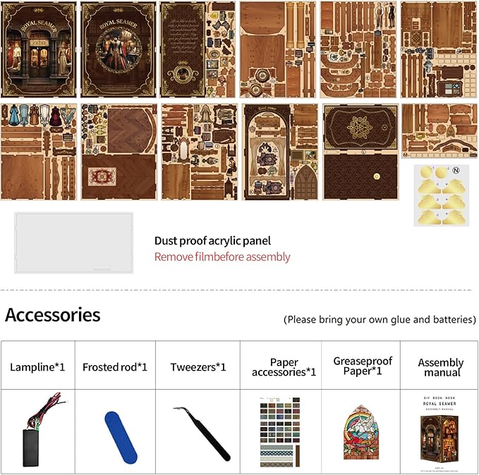 ISSEVE Book Nook Kit, DIY 3D Wooden Puzzle Dollhouse Booknook for Adults, Tiny Miniature House Kit Bookshelf Decor with LED Light and Dust Cover, Gifts for Family and Friends (Royal Seamer)