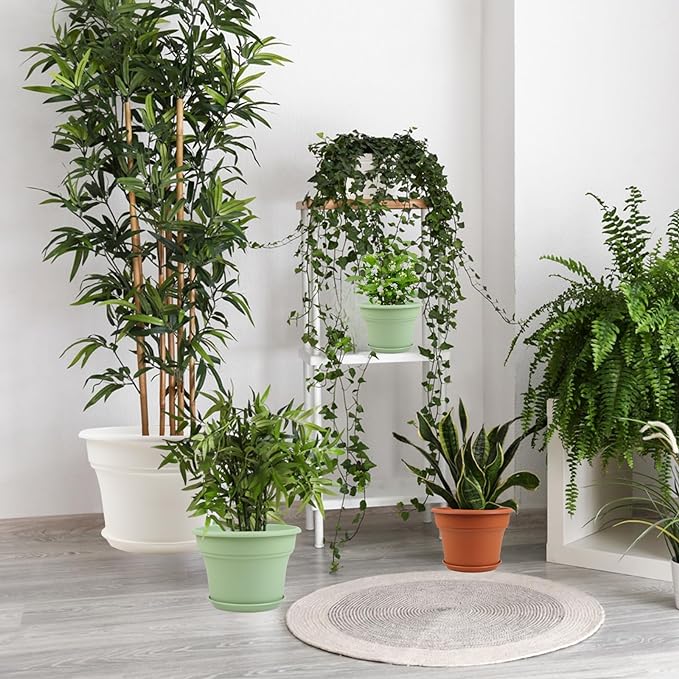 13 Inch Plastic-Flower-Pot-for-Indoor-Plants, 4 Pack Large Outdoor Planter Pot with Drainage Holes & Saucers, Resin Decorative Garden Pots Planters