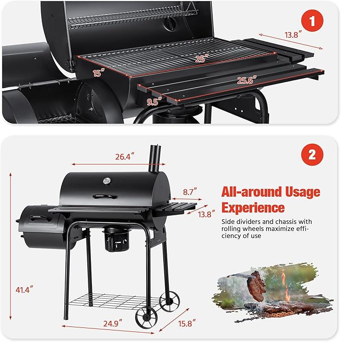 Devoko Charcoal Grill, Outdoor BBQ Grill with Offset Smoker and Side Table for Garden and Parties