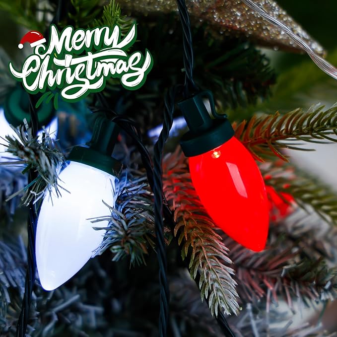 C9 Bulbs Classic Christmas Lights - 50 LED 32ft Strawberry String Light Red&White - Extendable 8 Modes Funtion with Timer Fairy Lighting for Outdoor, Indoor, Party, Home, Tree Decorations