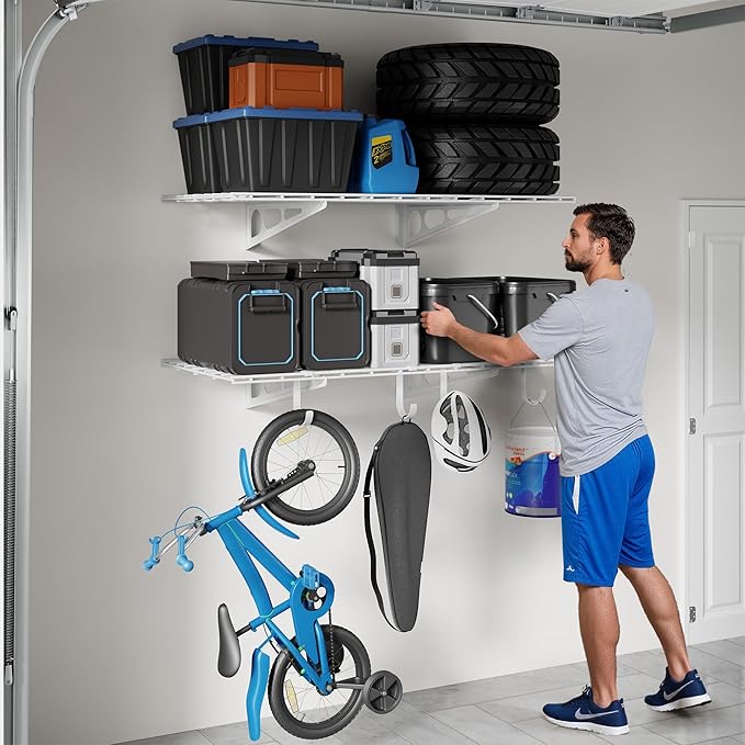 LEXIMOUNTS 2-Pack 2x4ft Garage Shelving with Hooks, 24-inch-by-48-inch Wall Shelf Garage Storage Racks Floating Shelves, White