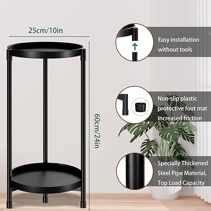 2 Tier Plant Stand Indoor Tall,Metal Flower Pot Holder Stands for Outdoor,Round Heavy Duty Corner Plant Shelf Black for Patio Garden Balcony Living Room Bedroom