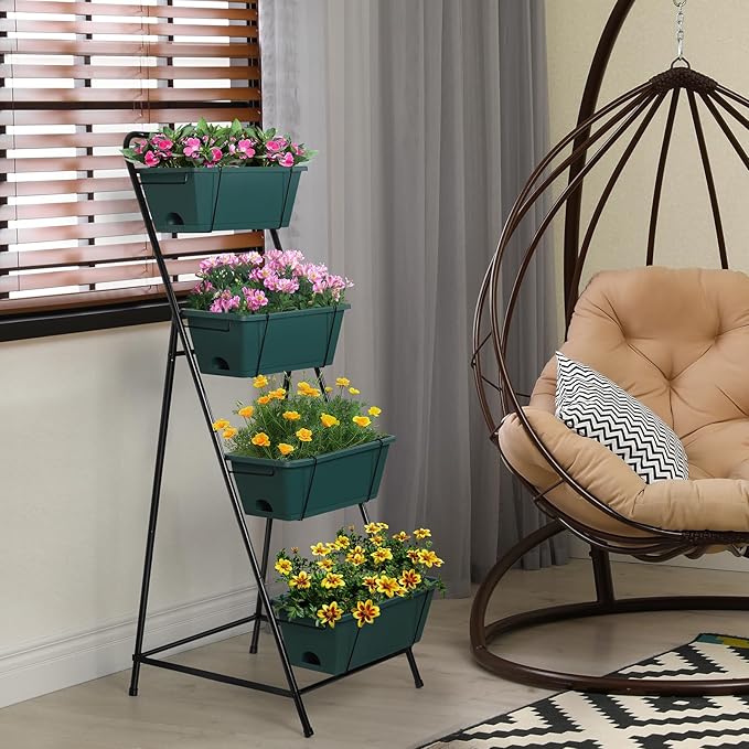 Raised Garden Bed 4 Tier Vertical Garden Planter Herb Garden Planter Outdoor with Drainage Holes Removable Tray for Patio Balcony Porch (Green)