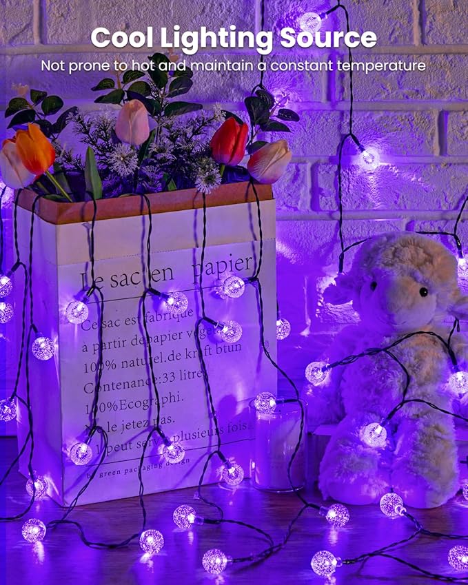 Brightown Purple Solar Halloween Lights Outdoor 60 Led 36 Feet Crystal Globe String Lights with 8 Lighting Modes, Waterproof Solar Powered Patio Lights for Garden Yard Porch Decor (Purple)