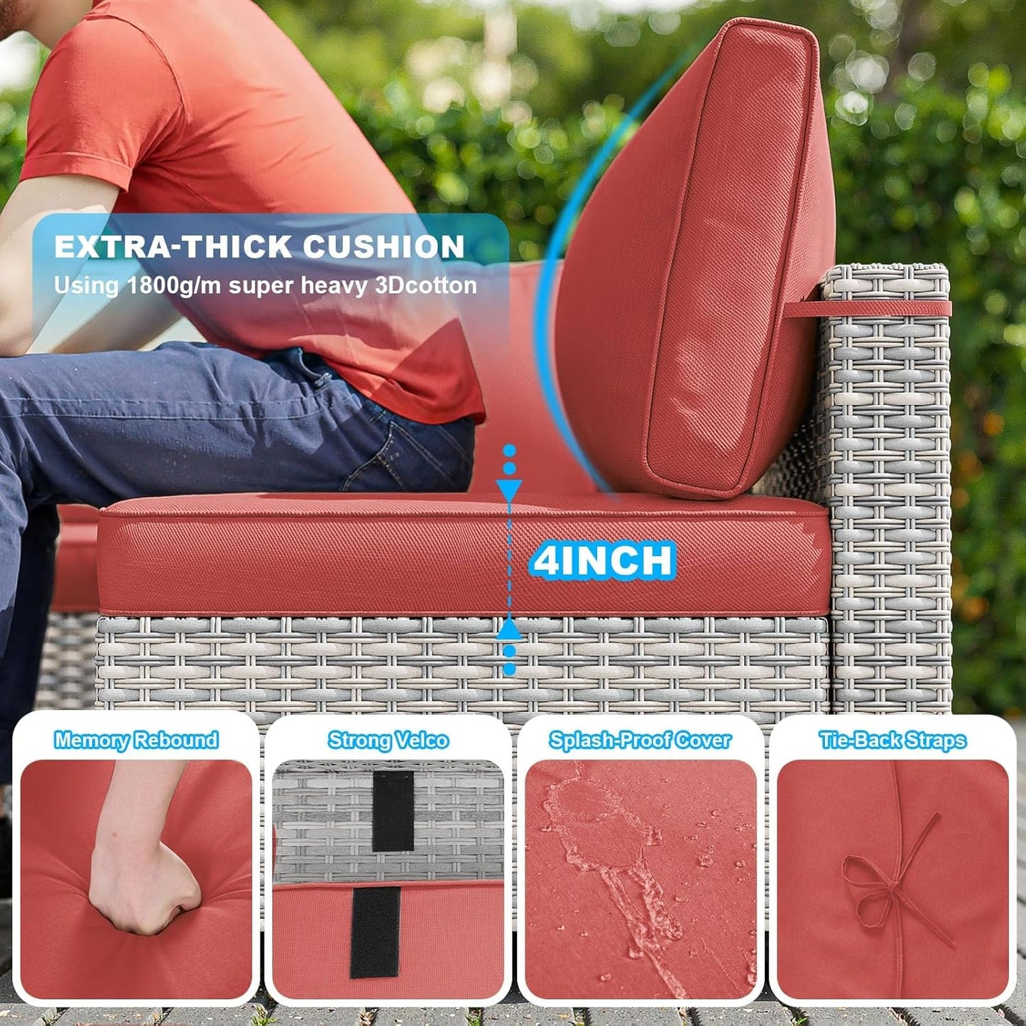 10-Piece Patio Furniture Set, Outdoor Patio Furniture with Swivel Chairs Set, Thick Cushions, Modular Patio Sofa, Dual-Strand Wicker Rattan, Rust-Resistant Frame, Dark Red