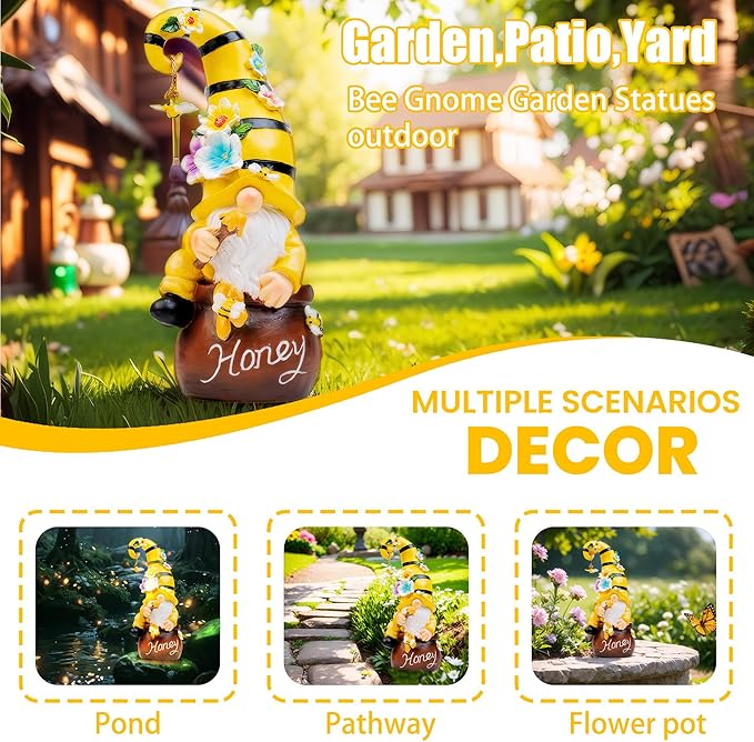 13" Garden Solar Spring Gnomes Statues Outdoor Spring Decor with LED Lighted Bee and Flowers Funny Garden Sculpture for Patio Yard Lawn Decorations Gifts