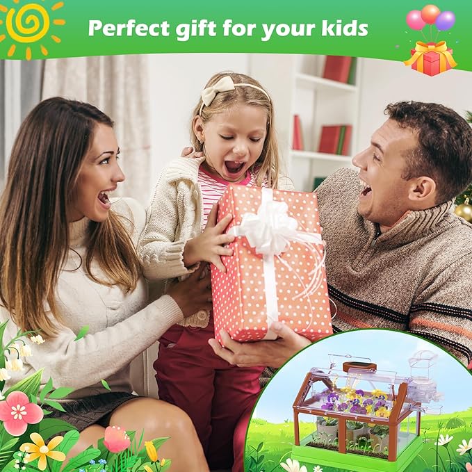 Kids Gardening Plant Growing Kit-Kid Plant Growing Greenhouse Set with Upgraded Irrigation & Light-Perfect Garden Plant for Boys and Girls