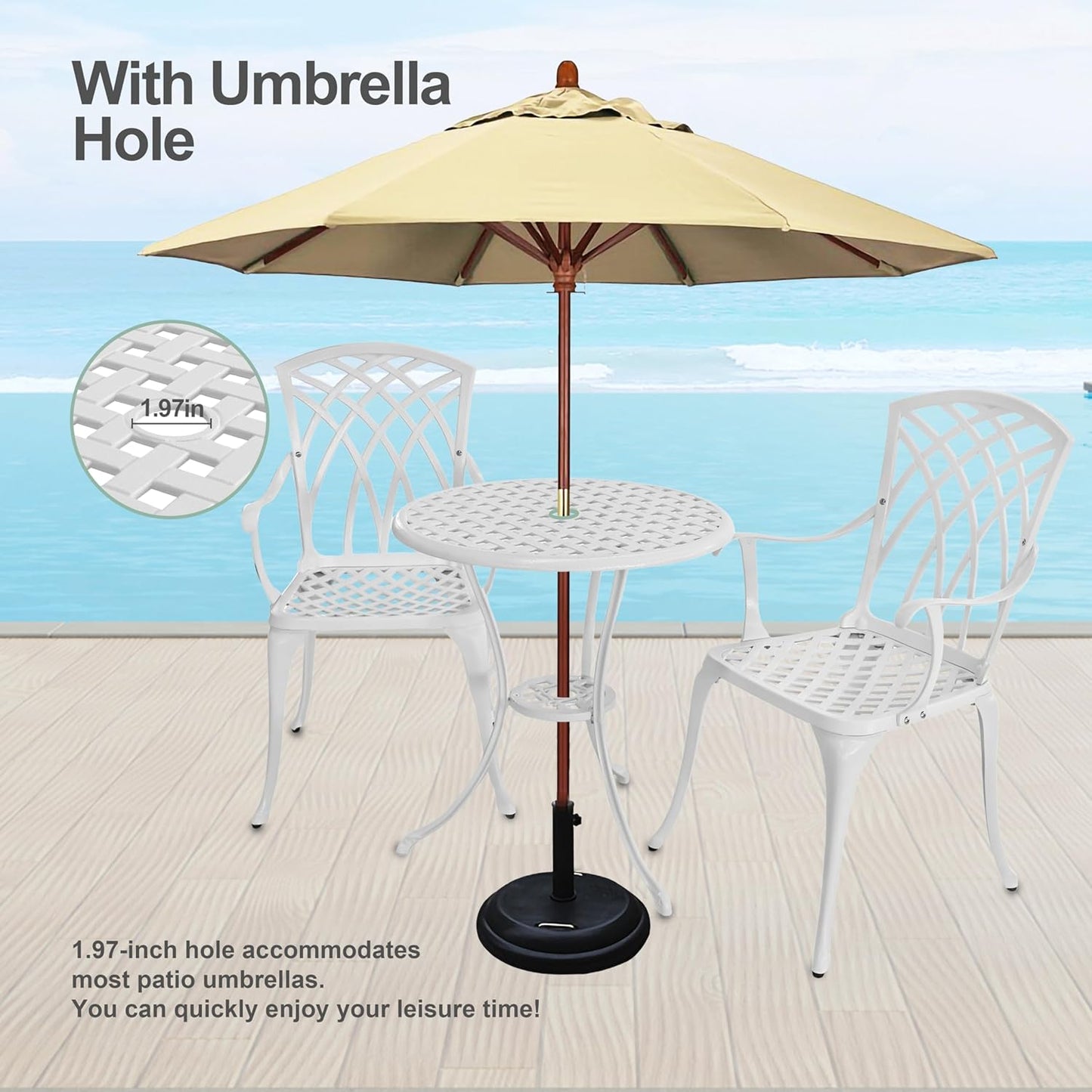 White Bistro Table and Chairs Set of 2, Cast Aluminum White Bistro Set Outdoor, Patio Bistro Sets with Umbrella Hole, Round Back Yard Set for Porch Balcony Garden