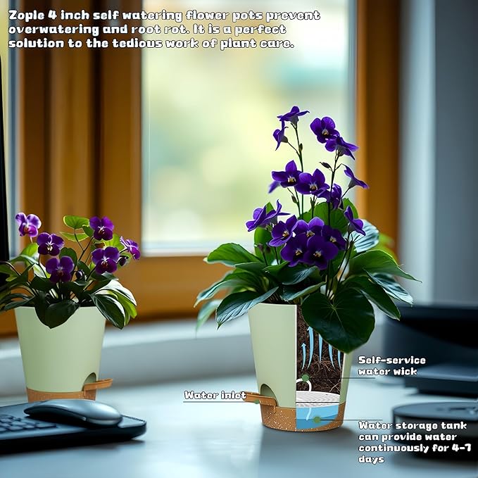 12 Pack 4 Inch Self Watering Plant Pots with Drainage and Saucers,Plastic Flower Pots for Indoor and Outdoor Plants, Nursery Planters for Houseplants and Herbs Green Brown, 4 inch 12pcs