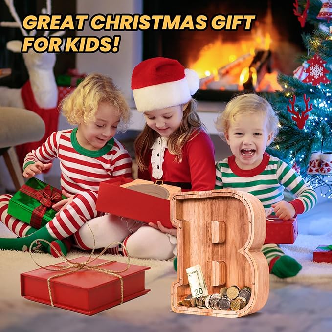 KMC Wooden Letter Piggy Bank, Personalized Initial Piggy Bank for Kids Boys, Clear Alphabet B Wood Money Box, Unbreakable Coin Saving Jar, Birthday, for Children