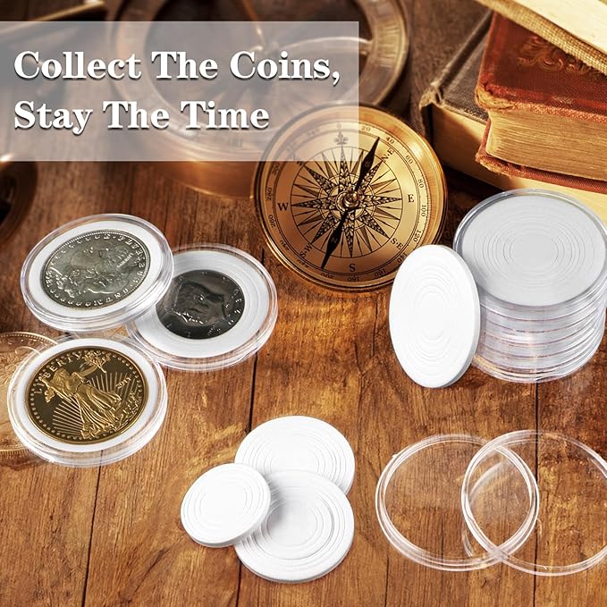 63PCS Silver Dollar Coin Holder, Clear Coin Capsules, Coin Holders for Collectors, Plastic Coin Case for Morgan Silver Dollar, Coin Protectors with Adjustable Gasket (17/20/25/27/30/33/38/40mm)