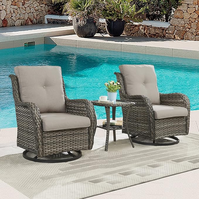 Outdoor Patio Swivel Rocker Chairs - 3 Piece Patio Bistro Set,Wicker Patio Furniture Set with 2 Swivel Rocking Chairs and 1 Glass Top Side Table for Deck Porch Garden,Mixed Grey/Grey