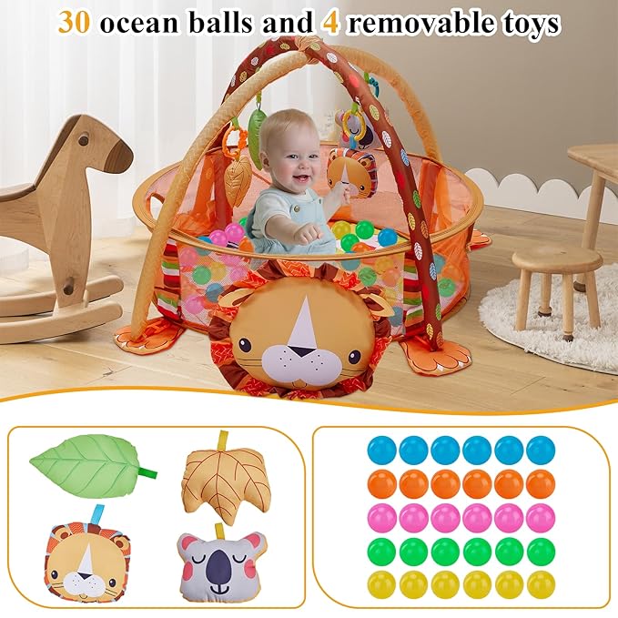 5-in-1 Baby Play Mat,Tummy Time Mat Baby Gym with 30 Balls & 4 Toys,Play Mat for Babies 0-6 Months Baby Play Gym Funny Animal,Lion