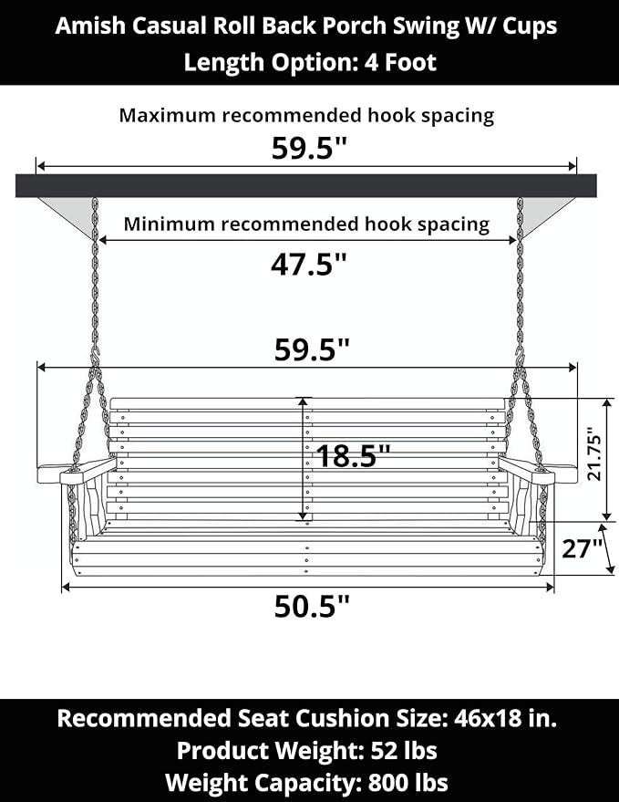 Amish Casual 4 Foot Roll Back Porch Swing with Cup Holders in Cedar Stain - Amish Made in The USA from Treated Pine Heavy Duty 700 Lb. Weight Capacity