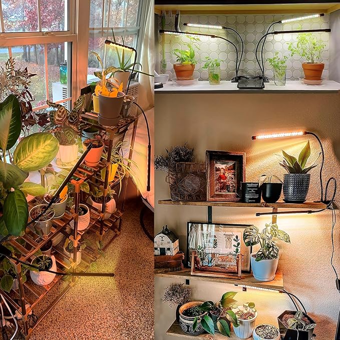 Full Spectrum LED Grow Light for Indoor Plants, 2 Heads Grow Lights for Seed Starting, 10 Dimmable Levels & 3 Timer Modes (3/9/12H), Adjustable 360° Gooseneck with Clip, Plant Grow Lights