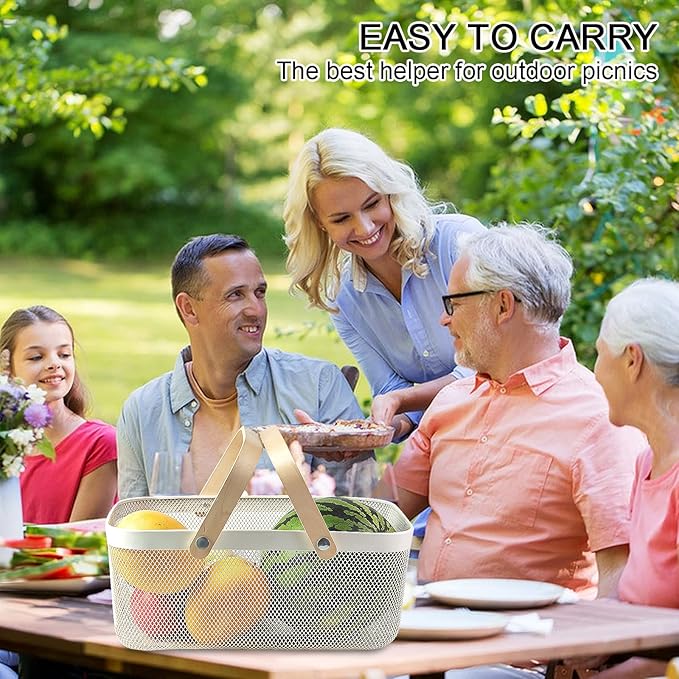 Portable Garden Harvest Basket-Mesh Design Natural Bamboo Handle Wire Storage Baskets,Mesh Basket with Handle Organize Items Reduce Space Occupation,Suitable for Kitchen,Garden,Picnic(White)