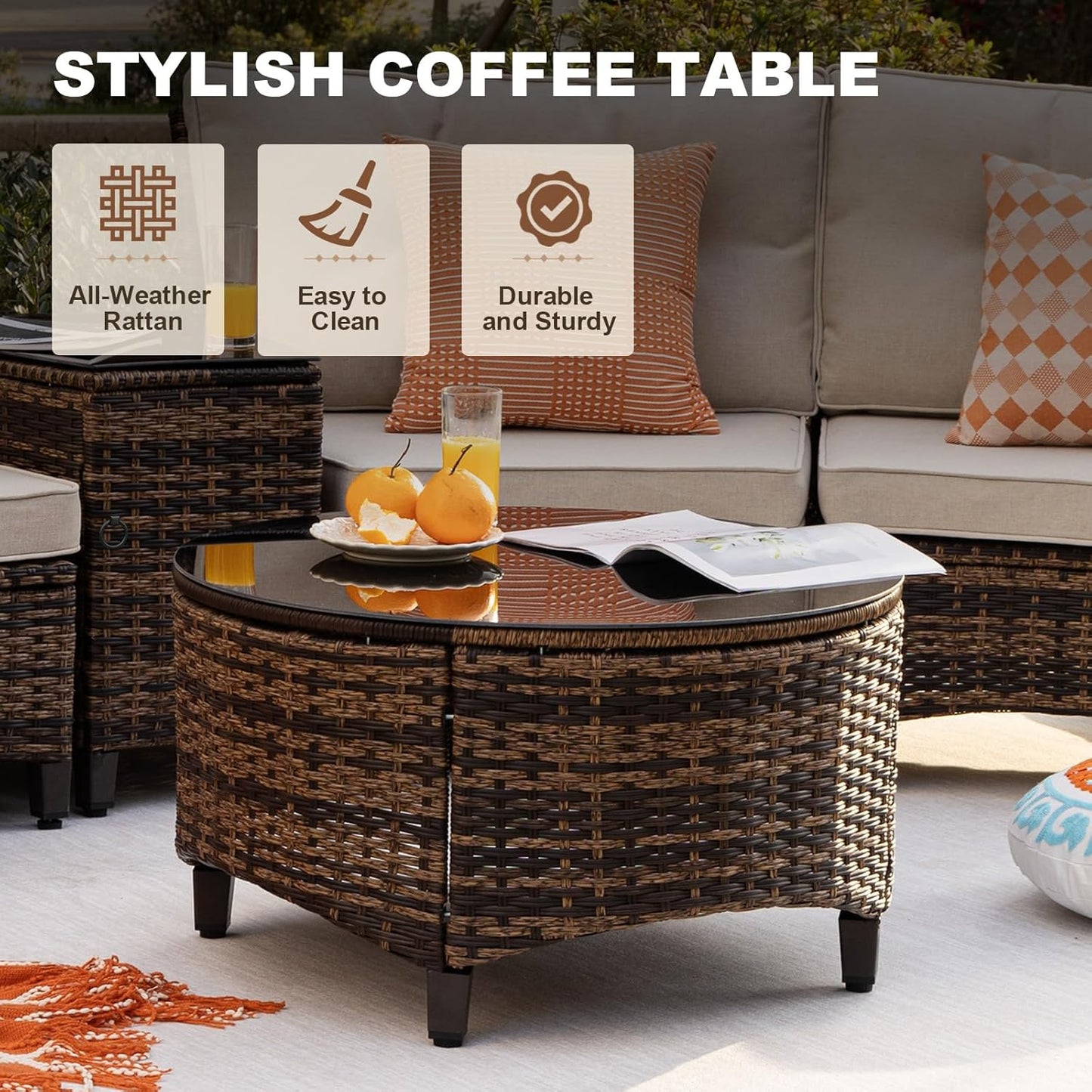 11 Piece Outdoor Patio Furniture Set, Half-Moon Curved Sectional Sofa Rattan Conversation Set with Wood Armrests, Coffee Table & 2 Side Table(Brown)