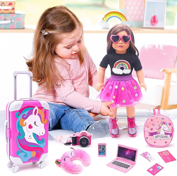 American 18 Inch Doll Accessories Doll Travel Set Including Suitcase Luggage and Dress, Camera Computer Phone Neck Pillow Sunglasses Dolls Travel Gear Play Set Gift for Birthday (NO Doll)