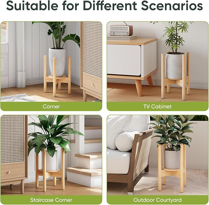 2 Pack Adjustable Plant Stand, Bamboo Plant Stand Indoor with Tray, Wood Plant Stand for 8 to 12 inches Flower Pots, Single Mid Century Modern Plant Stand for Indoor Plants, Natural