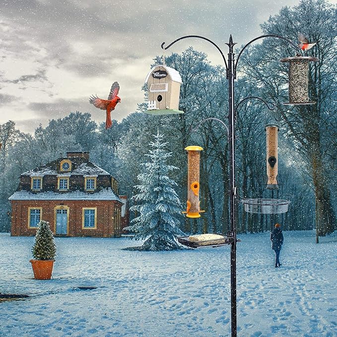 Premium Bird Feeding Station with 2 Bird Feeders Included for Outside - Multi Feeder Pole Stand Kit with 4 Hangers, Bird Bath and 5 Prong Base for Attracting Wild Birds - 22 Inch Wide x 91 Inch Tall