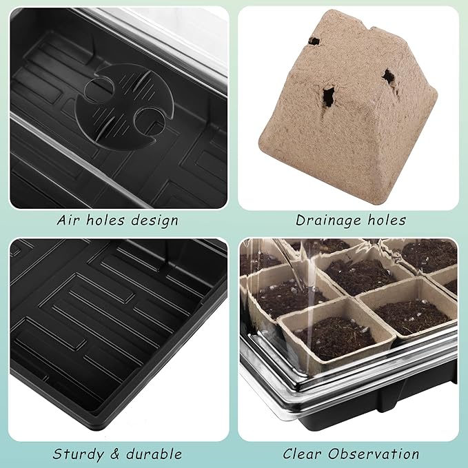 4 Pack Seed Starter Tray Kit, 120 Square Seed Peat Pots for Seedlings with Plants Labels, Planting Tools, Plastic Growing Germination Trays with Lids for Indoor Outdoor Gardening, Black