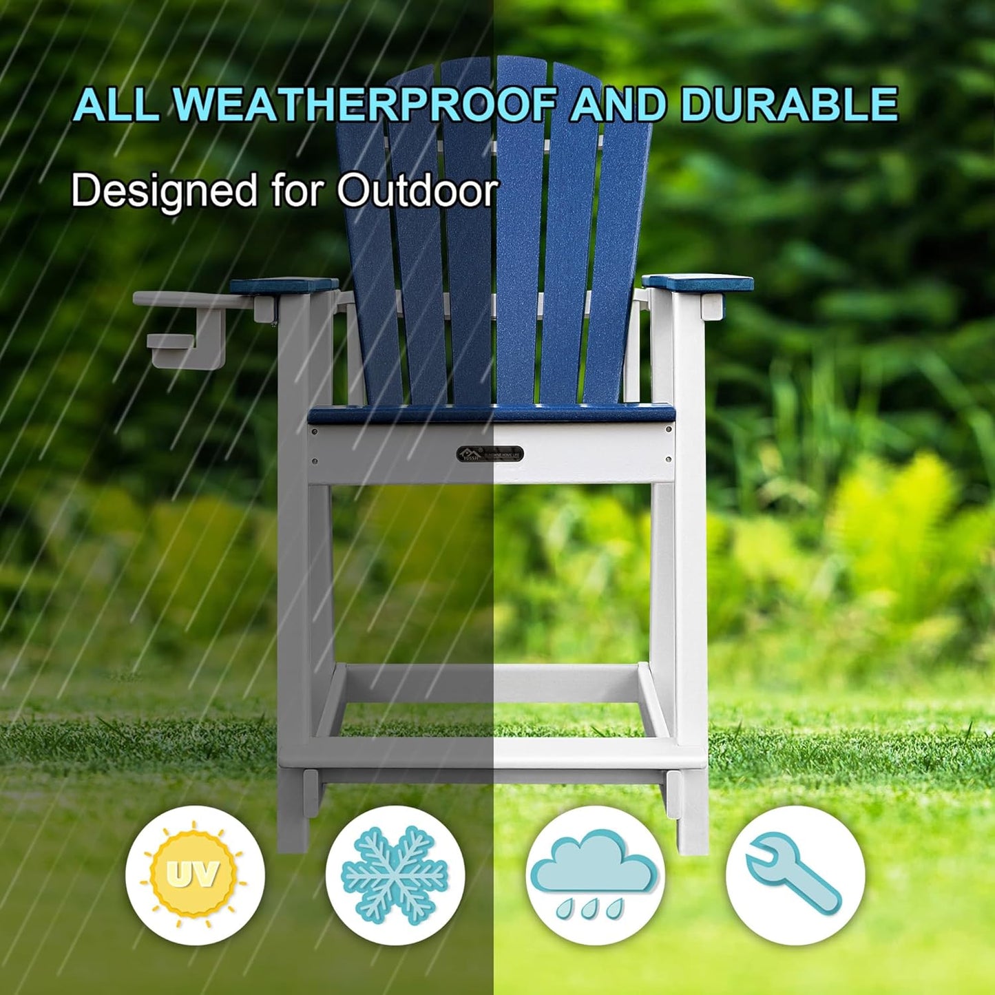 Tall Adirondack Chairs Set of 2, Adirondack Barstools, Weather Patio Garden Pool Fire Pit Balcony Outdoor Bar Stools HDPE Plastic Barstools with Backs for Garden, Backyard, Yard (Blue)
