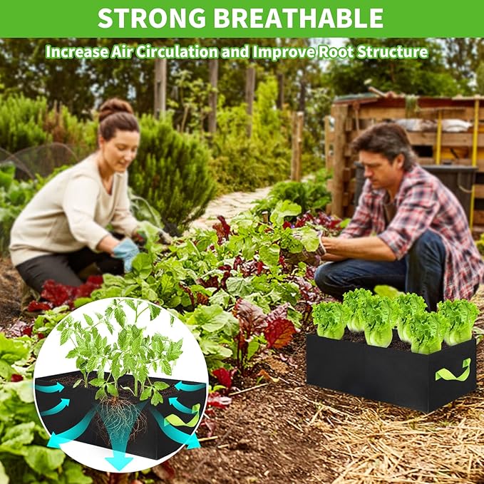 ANGELIOX 2Pcs Grow Bags, 3-Grids Rectangle Grow Bag,14 Gallon Thickened 400G Fabric Garden Bed, Nonwoven Square Flower Planter Containers for Flowers,Vegetable,Fruit, Growing Pots with Handles