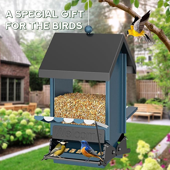 Weight Activated Squirrel Proof Bird Feeder with Canopy | 5LB Large Capacity, Weather-Resistant Design | Attracts Finches, Cardinals & More for Outdoor Bird Watching