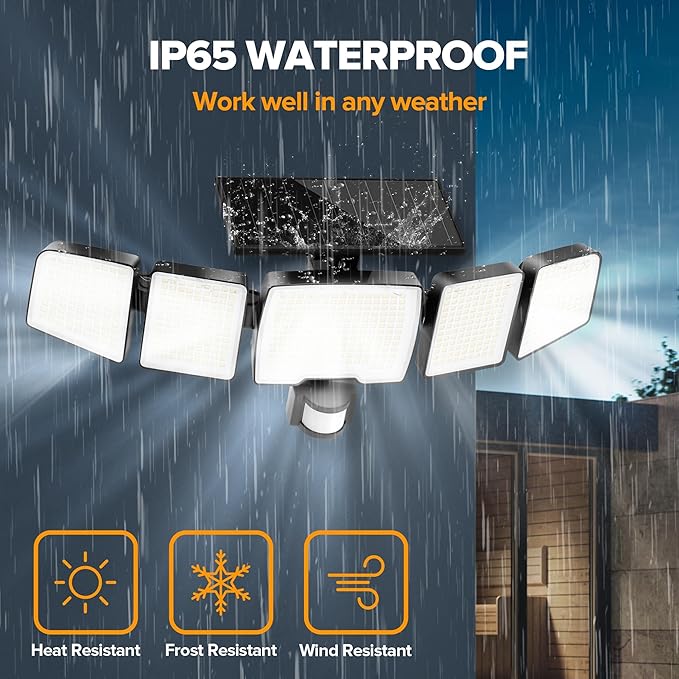 UME Solar Outdoor Lights 620 LED 4500LM, IP65 Waterproof Motion Sensor Outdoor Lights, 5 Heads Solar Security Flood Light 270 Wide Lighting Angle with 3 Modes for Garden Patio Yard - 2 Pack
