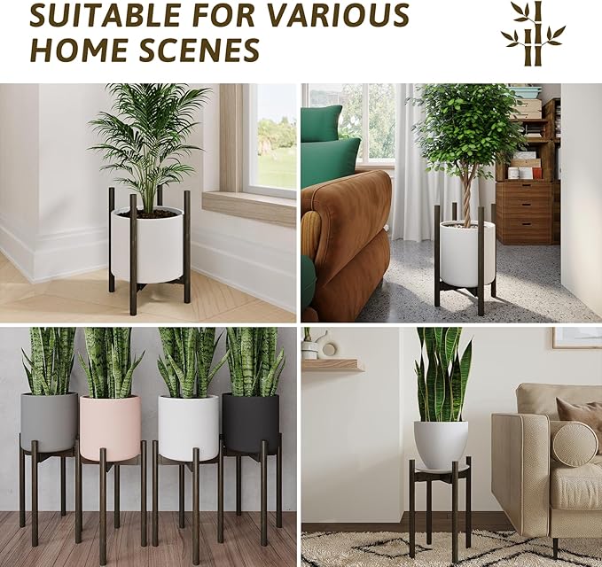 Adjustable Plant Stand Indoor, Bamboo Plant Holder 8 to 12 Inches, Small Tall Planter Stand for Indoor Plants, Single Floor Plant Stand for Living Room Balcony Bedroom, Tea Brown