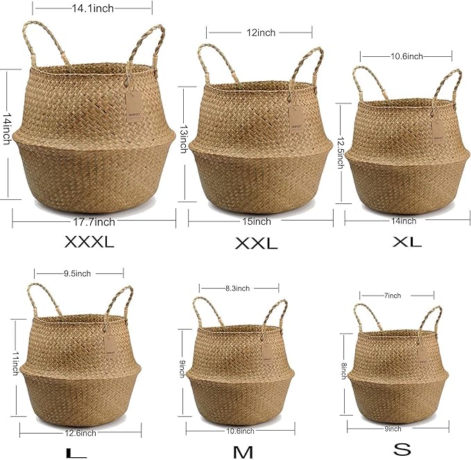 Large Woven Seagrass Belly Basket for Plant, Grocery, Picnic, 12" Diameter x 14" Height