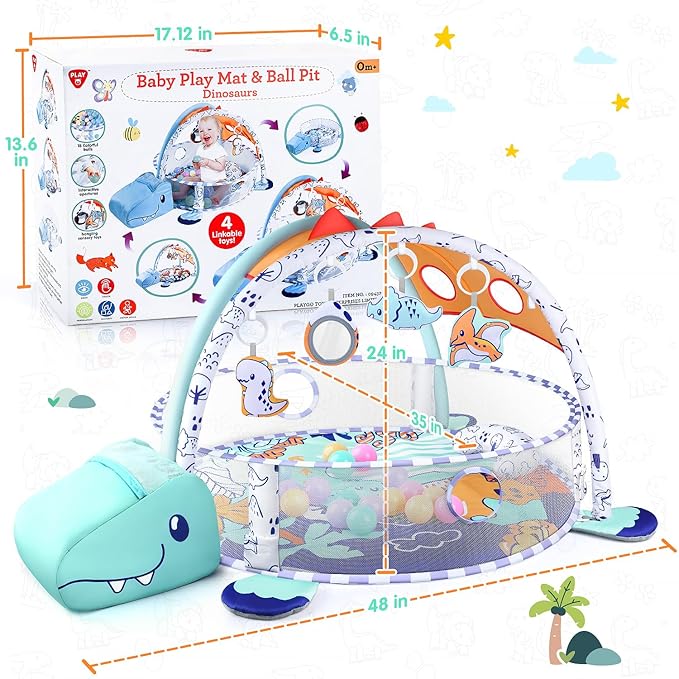 5-in-1 Baby Play Mat - Dinosaur Themed Activity Gym for Babies 0-6 Months with Ball Pit, Detachable Sensory Toys, Pillow, Machine Washable