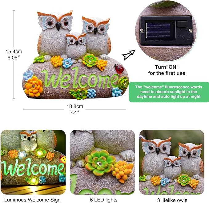 Nacome Solar Owl Statues for Garden Decor: Welcome Sign Outside Lawn for Patio/Balcony/Yard Art/Lawn Ornament House Warming Gifts for Mom/Women